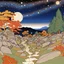 Placeholder: Colourful, peaceful, Egon Schiele, night sky filled with galaxies and stars, rocks, trees, flowers, one-line drawing, sharp focus, 8k, deep 3d field, intricate, ornate