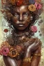 Placeholder: an abstract painting of rusted metal and flowers, heart filled with love African slave lady working, rust, scaffolding, iron cladding, decay, mixed media, textured, anatomically correct, beautiful perfect face, sharp focus, highly detailed