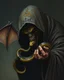 Placeholder: Bosch painting style ,nightmare, a big hooded bat eating a snake in his hand .