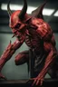 Placeholder: Realistic ghoulish devil leaning forward at an angle facing right, posed as if over a shoulder, red skin, horror style, no other person.