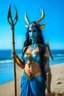 Placeholder: A picture of a beautiful blue faced indian goddess with skin painted blue, blue painted body, blue painted torso, wild black hair, stag antlers, elven ears, golden skirt, holding a staff on a sunny beach