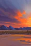 Placeholder: a paint of big rock mountains with and orange dawn sky