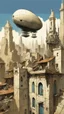 Placeholder: A small futuristic city in the ruins of an old building, blue sky, in the style of Gerald Brom and John Berkey, a large blimp floats above buildings, a house is made from concrete blocks, there is graffiti on walls, several tall towers with white spires tower over the scene. --ar 91:128 --v 6. 0