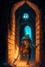 Placeholder: A frightening castle dungeon hallway with a skeleton warrior in rusty chainmail holding a burning torch painterly rpg art