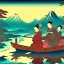 Placeholder: Ukiyo-e styled art, stream, mountain, sun, family on a boat