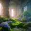 Placeholder: fantasy concept art, dynamic lighting, Intricately detailed, Splash screen art, deep color, Unreal Engine, volumetric lighting, blue flowers, Fantasy library artwork, moss, leather, library artwork, water,