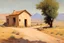 Placeholder: sunny day, rocks, mountains, countryside, dirt road, adobe house, sci-fi, friedrich eckenfelder and henry luyten impressionism paintings