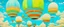 Placeholder: A cyan cloudy sky with rainbow airships designed in Navajo baskets painted by Qiu Ying