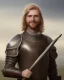 Placeholder: medieval warrior with short blond hair, blue eyes and wide warm smile holding a two-handed axe wearing brown and green clothes