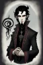 Placeholder: black haired young man necromancer wizard with gothic jewelry and tentacle fingers in the style of Fyodor Pavlov