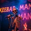 Placeholder: a very thin swedish man (near skeleton), with a plague mask with only a hole for the mouth (no eyes), he is called "KEBAB MAN" performing at death metal club, his name is "KEBAB MAN" kebab rolls On stage, kebab Neon lights and smog, and "KEBAB MAN" big sign on the wall, kebab tribal tattooes, spinning kebab machines, flames and smoke, chaos, he singing with mic,