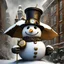 Placeholder: Surreal steampunk snowman mayor; snowman wearing a distressed leather top hat, brass googles resting, tin can pipe snugly fit in the corner of its mouth, steampunk mechanical arm holding an ornate umbrella, towering over a winter wonderland adorned with intricate steampunk enhancements, juxtaposed with traditional Victorian snow-capped townhouses, brass gear clock perched on a corner building, all drawn with excruciating absurd abundance of delicate detail, by Moebius.