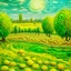 Placeholder: A yellowish lime green land with jelly filled donuts painted by Vincent van Gogh