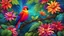 Placeholder: A vibrant, exotic bird perched on a branch in a lush, tropical rainforest, surrounded by vividly colored flowers and foliage. The style is digital art by Elara Mivon, characterized by rich, saturated colors and a slightly surreal, dreamlike quality, enhancing the natural beauty and mystery of the scene. The bird's feathers are a kaleidoscope of colors, shimmering in the dappled sunlight filtering through the canopy above, creating an image that is both captivating and mesmerizing.