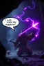 Placeholder: speech bubble saying "I will test my magic arrow!" purple magic neon arrow flying, magic swirl, strong winds, true grit, Mexican native stand off fast draw poncho cowboy wizard on knees hurt punching fire ball whip while taking sight wand slinger, in dark cave ,bokeh like f/0.8, tilt-shift lens 8k, high detail, smooth render, down-light, unreal engine