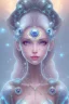 Placeholder: cosmic girl belle fine, grand front cosmique, peau bleu cristalline, yeux bleu, perle sur le front long cheveux etoilé cristaux sur le corps, collier de grande princesse, levres souriante, très jolie sourire