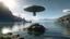 Placeholder: aerie made of rock reaching hundreds of feet into the sky, in a lake, with a flying saucer overhead