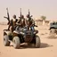 Placeholder: make a picture of 3 poor looking black men in a desert. they are in afghanistan. behind them is a raided village they are holding rifles. they look very very dangerous and have long white beards. they have ak47 rifles. They are sitting on an atv driving to the right