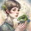 Placeholder: Whimsical and realistic ink, charcoal, markers, and oil painting, Impressionist style, realistic textures, minimalist approach, portrait of a young woman with a pixie cut hairstyle, holding a frog, ith delicate highlights, soft and dreamy background, pastel shades, fantastical ambiance, detailed and intricate linework, fine art quality, intricate patterns, enchanting atmosphere, ethereal lighting, by a blend of Van Gogh and Mary Cassatt, Artstation. Modifiers: bokeh Nikon D850 highly detailed di