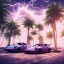 Placeholder: 1980's aesthetic vaporwave palm trees and spheres and Porsche with lightning