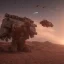 Placeholder: Armored Core machine robot fights another Armored Core fly in the sky in the desert with the ocean where you can see the space in the sky with the twilight on the horizon, 4k resolution