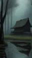 Placeholder: A swamp surrounded by bamboos long trees in cloudy, depressing, foggy, with a dim of light in the distance , there.is an abandoned cottage covered with leaves. A close look of strange scary creature sitting outside the cottage and black crows on the top of the cottage, Bruegel painting style