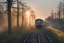 Placeholder: a passenger train emergency braking; polish train; woodlands, sunrise;