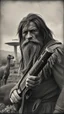 Placeholder: An old picture style of black and white mono very bad quality looks very old camera picture with cracks of a Neanderthal man with long dirty hair and beard wearing an animal skin cloths holding a gun the year 1900 Time Machine in the background from a distance dinosaurs and a landed ufo machine