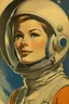 Placeholder: 1960's vintage retro sci-fi poster, beautiful female Russian cosmonaut, muted colors