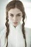Placeholder: A young woman with cascading brown hair, her back turned to the viewer, stands in a stark white room. The studio lights cast a soft glow on her skin, highlighting the blood trickling from her ear. Realistic photo, studio light
