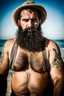 Placeholder: photography of a tired chubby hairy burly 35 years old ugly arab carpenter, big nose, tattoo, long beard, shaved hair, manly chest, angry eyes, open legs , on the beach in the sun, big shoulders, big tights, side light, ground view angle,bartoslora1 man