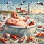 Placeholder: Donald Trump as a Fat man in a claw foot bathtub sinking in the ocean. Water lapping at the top of the tube. Panic on his face. Scared, screaming for help. Surrounded by seagulls, lobsters and crabs. there is a colorful light house in the background.