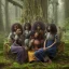 Placeholder: Octane render. Ultra realistic photo .a group of women.five young black women sitting around a fire. Black Sisters. Sitting and Standing together. the face of A young black woman. A wood nymph emerging from the forest. Her hair looks like vines. Dreadlocs. Her skin is the colour of dark soil. Her skin looks like tree bark. Her clothing is made of vines, grass and leaves.