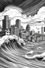 Placeholder: a tsunami over a cartoon city in black and white