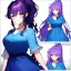 Placeholder: Clear focus, 8k, beautiful lighting, vibrant colors, girl, purple hair, long hair, vibrant blue eyes, ponytail, messy hair, blue dress,