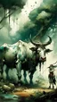 Placeholder: A bull or a horse with a wooden totem with spikes on it, in the middle of the forest. Opposite is a tree with a green-skinned man on it., by Ryohei Hase, Agnes Cecile, Raymond Swanland, Anne Bachelier