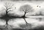 Placeholder: Illustration of a lonely dark tree with barren branches stands on a water's edge, reflected in the water, fog, crows in the sky, timelessness and dying, mystical landscape, pencil drawing