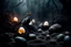 Placeholder: dark fantasy land with mystic, fog, deep cloros, burning landscape with mist, dark fantasy plants, silver and onix crystal eggs lying in sand, pale lights, rocks, weird surreal big dark rabbit-bird mutants, dark fantasy mood, sureal, high quality, high contrast, cinematic, atmospheric, weird mood