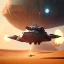 Placeholder: octane render volumetric desert war environment, Ralph McQuarrie style painting of an armored hovercraft with cannon, floating in the air, highly detailed, minutiae, nimbus storm, renderman