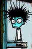 Placeholder: 2d drawing of a stickman, cool with punk hair, x eyes like in hangman, driving a porch, 3d realistic in colour