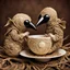 Placeholder: Close-up of Plague Doctor beak-masked babies snuggling in surreal natural root-woven teacup, yin-yang, by Anne Geddes and Tim Burton, mind-bending realism, weirdcore, adorably strange, natural lighting