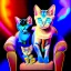 Placeholder: A cat with blue eyes is sitting on an armchair and next to her are three sweet and beautiful kittens against a black background and they are all looking at the camera, computer graphics by Louis Wayne, Behans, psychedelic art, quantum wave racing, psychedelic, mystical