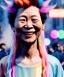 Placeholder: Ultra Realistic photo, medium shot view, drunken sweet dancer old Asian woman, carnival scene, monster hair, steampunk style. Red hair, confeti, smile, happy, festival, ovnis, gradient color fog. highly detailed, concept art, unreal engine 5, ray tracing, RTX, lumen lighting, ultra detail, volumetric lighting, 3d, finely drawn, high definition, high resolution.