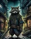 Placeholder: highly detailed concept illustration of an alternate reality ancient China samurai racoon wanderer in dark street, maximalist, highest resolution, in the styles of Alex Pardee, Denis Forkas, and Masahiro Ito, boldly inked, 8k, coarse, gritty textures