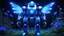 Placeholder: magic brightness soldier robot coloured of dark and bluebeam with a vertical light in the the interior. the bakground is in a fairy dark lawn with blue and black flowers, big dolen and a with lightness night