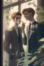 Placeholder: 20 Year boy with pretty face he is gay and gentle. smoking behind window while looking outdoor trees. His in a full official suit. his boyfriend beside him. They are happy