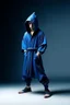 Placeholder: young human rogue in blue kimono clothing hood down full body