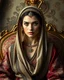 Placeholder: A stunning Arabian woman with porcelain skin, high cheekbones, and piercing green eyes, dressed in a traditional embroidered sarafan, sits regally in a lavish, ornate chair, surrounded by opulent fabrics and gold accents, as if plucked from a 19th-century Russian aristocratic portrait, rendered in exquisite hyper-realistic detail, with the rich textures and subtle play of light and shadow characteristic of a masterful oil painting, reminiscent of the works of Ivan Kramskoi, Zinaida Serebriakova