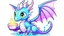 Placeholder: cartoon illustration: a cute ice dragon with big shiny eyes and two purple crystal wings. The dragon is flying.. the dragon is eating a cake