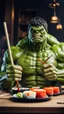 Placeholder: a hulk eating sushi with chopsticks, quality, full, raw photo, 8K UHD, police
